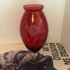 Vintage Large etched 3 tone cranberry glass vase.
